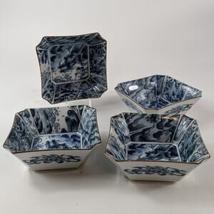 Fitz & Floyd Sea Dragon Bowls Lot 4 Chinoiserie Blue White Vtg 70s Fruit Sauce